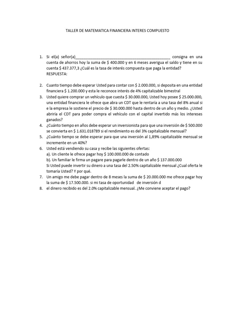 Taller Interes Matematica Financiera Interes Compuesto | PDF