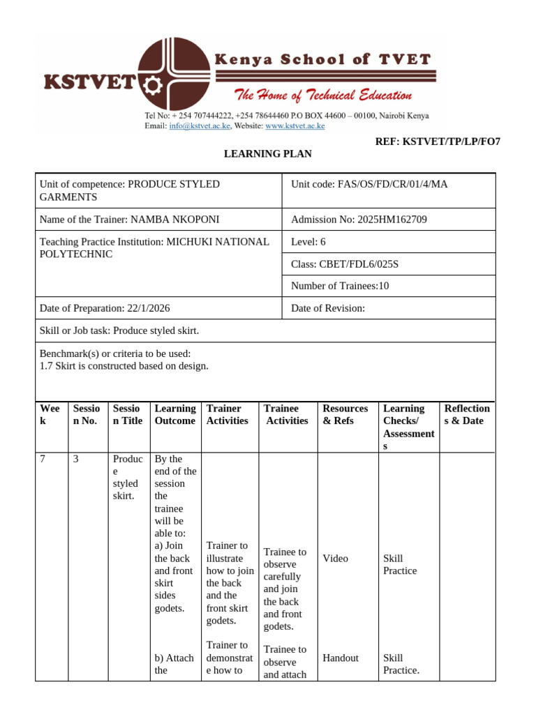 Learning Plan Practical Week 7C | PDF | Seam (Sewing) | Clothing