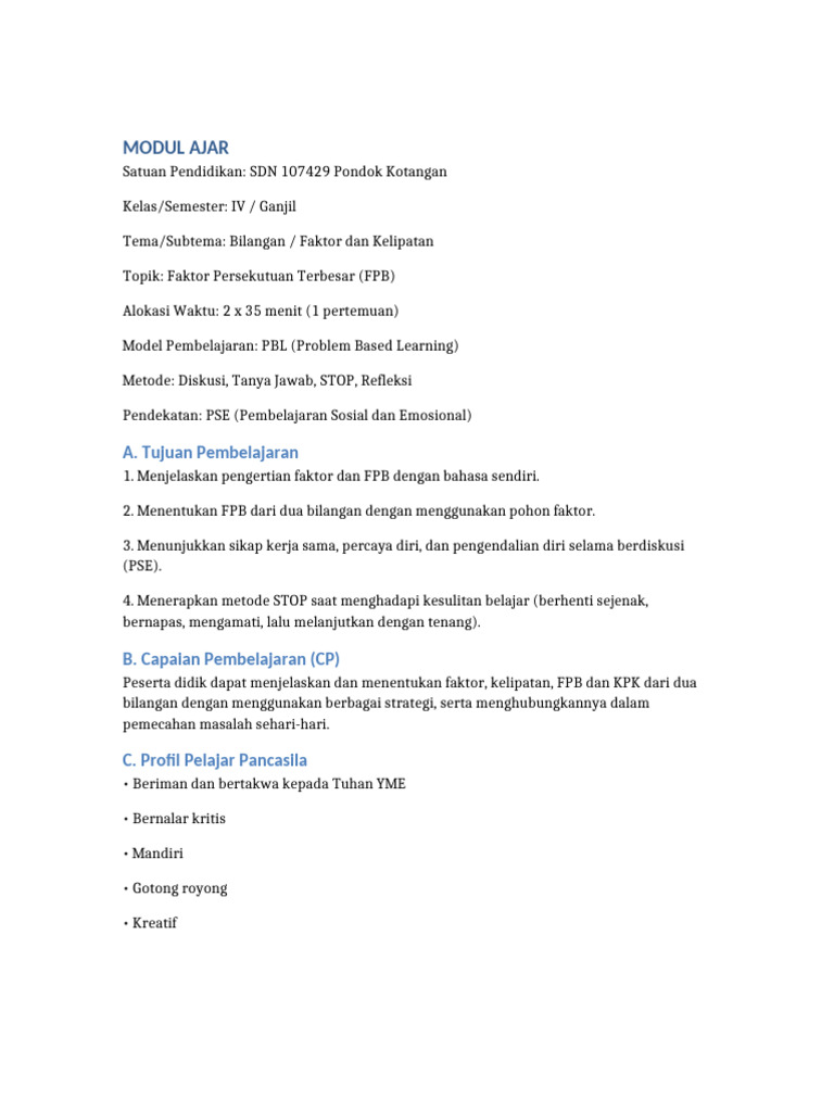 Modul Ajar FPB Pse Stop PBL | PDF