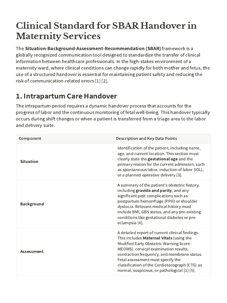 Clinical Standard For SBAR Handover in Maternity Ssta | PDF ...