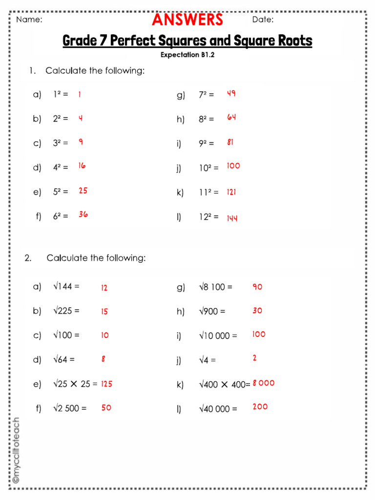 Perfect Squares and Square Root Work Sheet Answers | PDF
