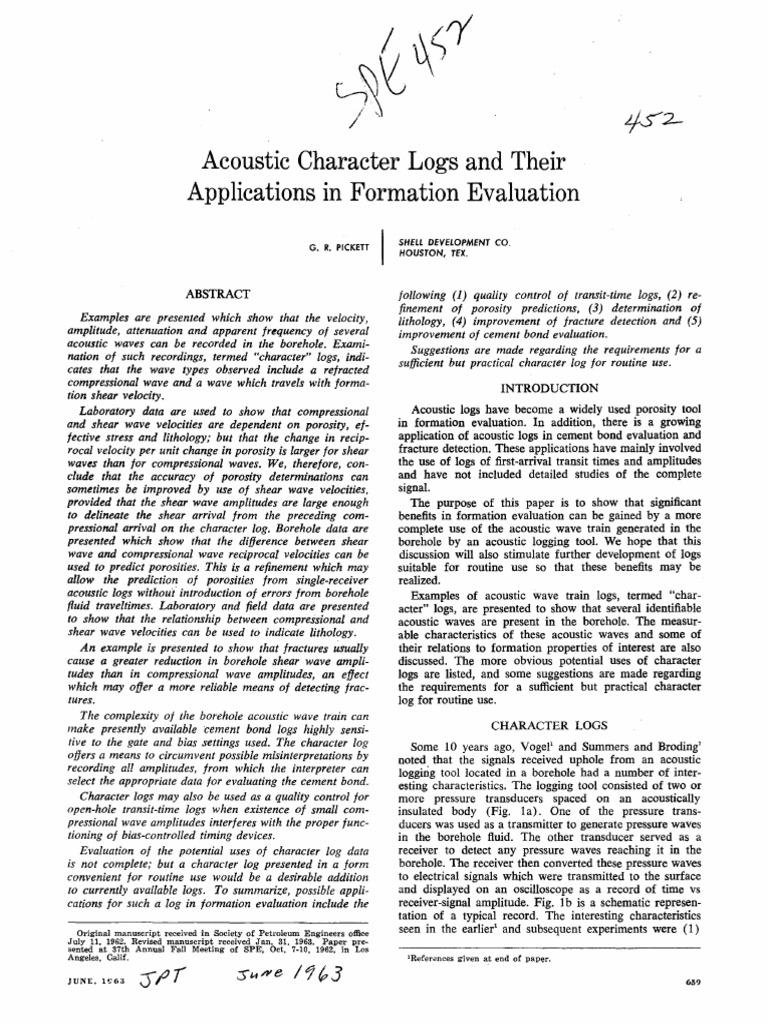 Acoustic Character Logs and Their Applications If Formation Evaluation ...