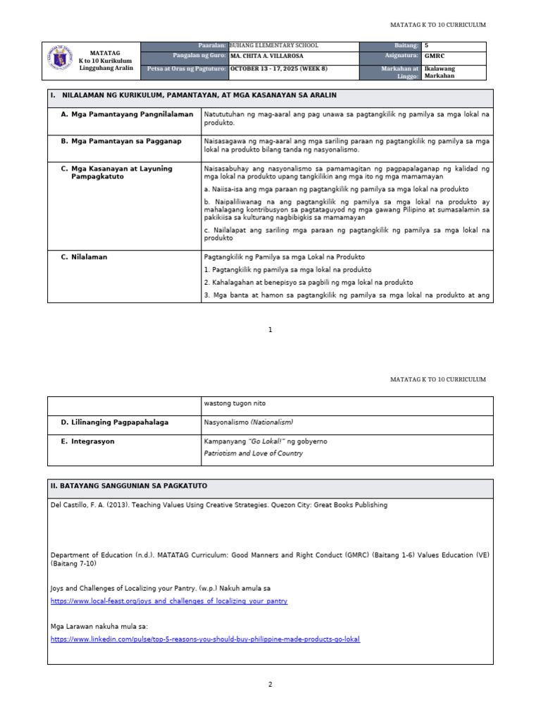 DLL Matatag - GMRC 5 q2 w8 | PDF