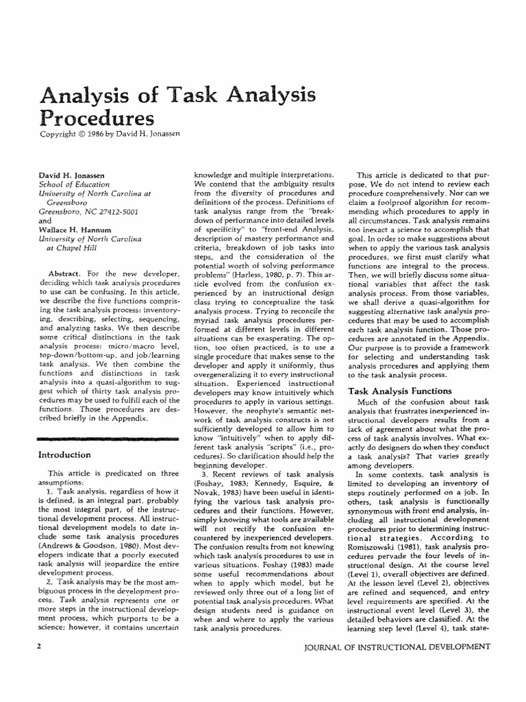 Analysis of Task Analysis Procedures David H Jonassen & Wallace | PDF ...