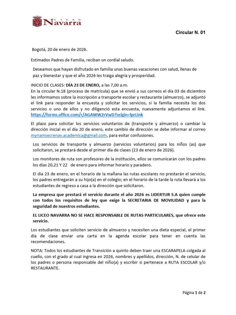 Circular N. 01 - Inicio de Clases Año 2026 | PDF