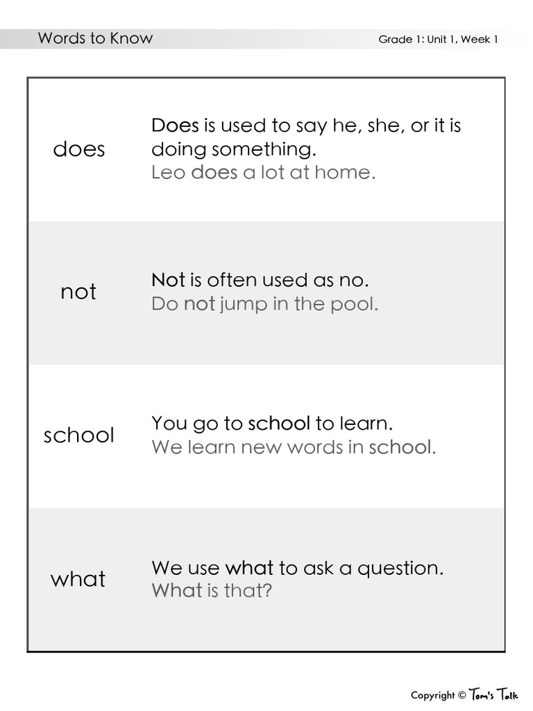 Reading Wonders - Words To Know G1U1W1 | PDF