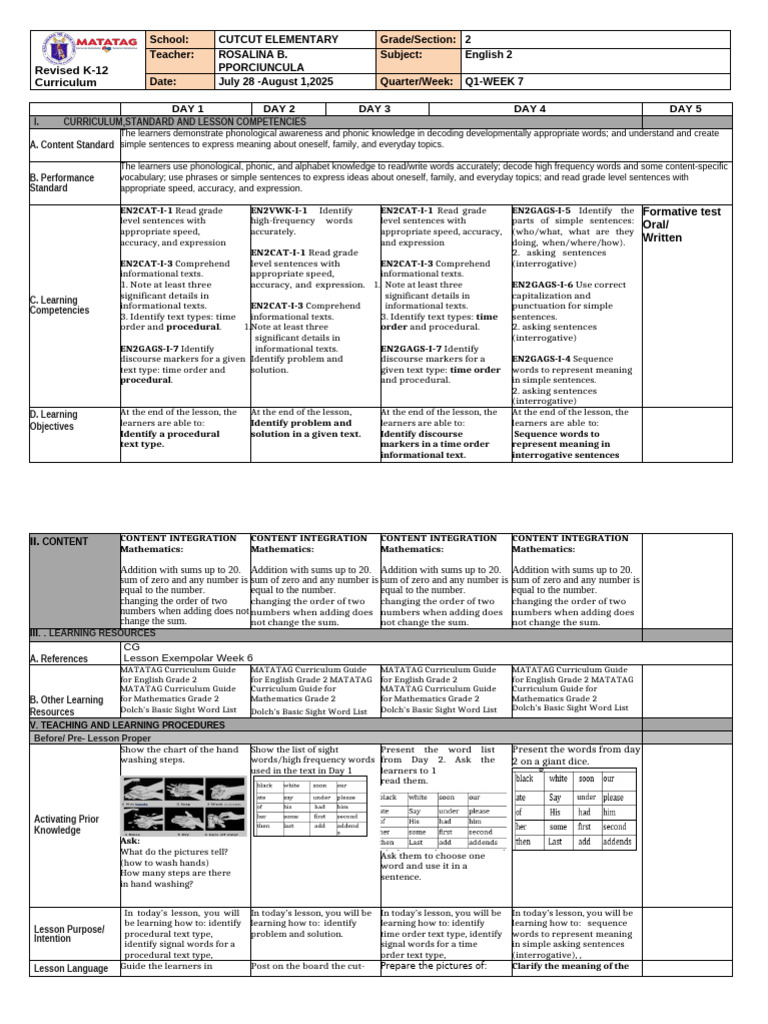 All Subjects DLL Week 7 q1 | PDF | Curriculum | Human Communication