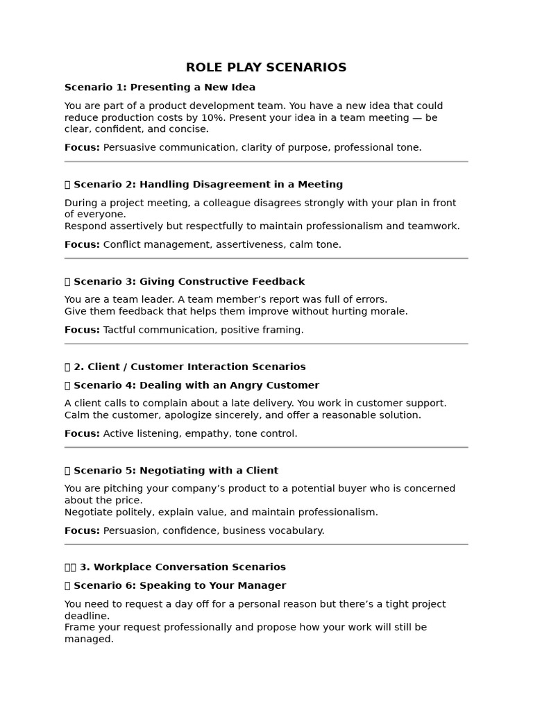 Day 3 - Role Play Scenarios | PDF | Social Psychology | Communication