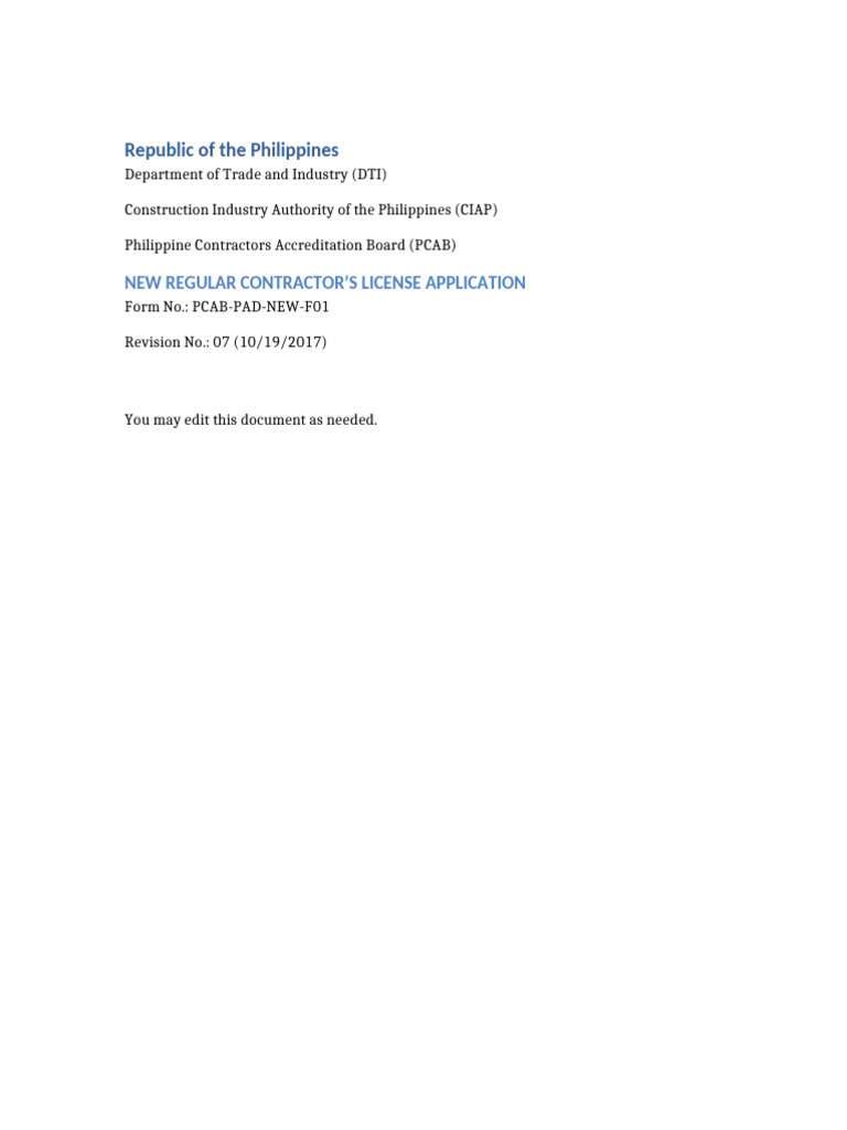 PCAB New Regular Contractors License Application | PDF