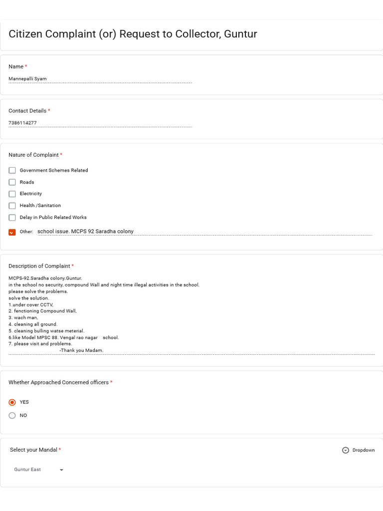 254 Complaint (or) Request to Collector, Guntur - Google Forms | PDF