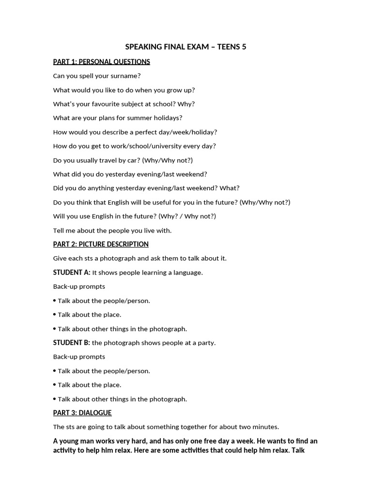 Speaking Final Exam Teens 5 | PDF