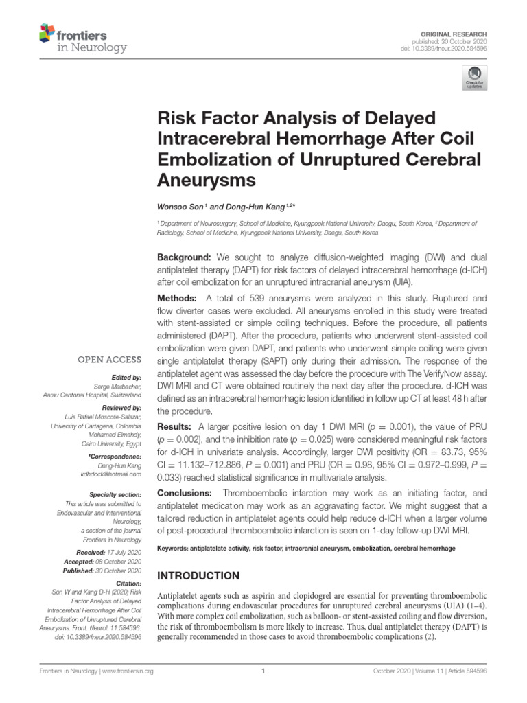 Risk Factor Analysis of Delayed ICH After Coil Embolization of ...