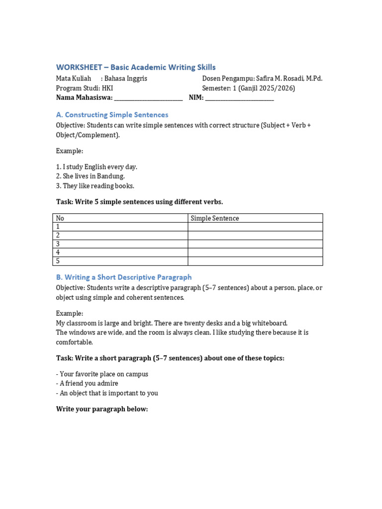 Worksheet Basic Academic Writing - HKI31B Meeting-6 | PDF