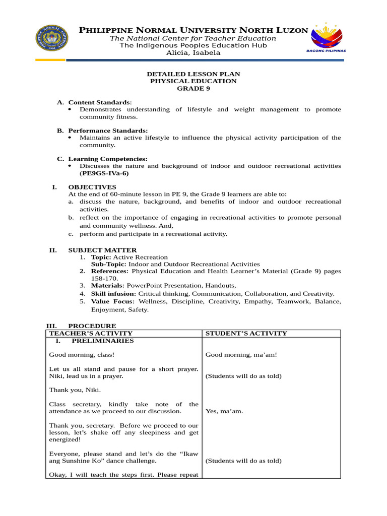 PE G9 Q4 L1 W1 Active Recreation | PDF | Recreation | Outdoor Recreation