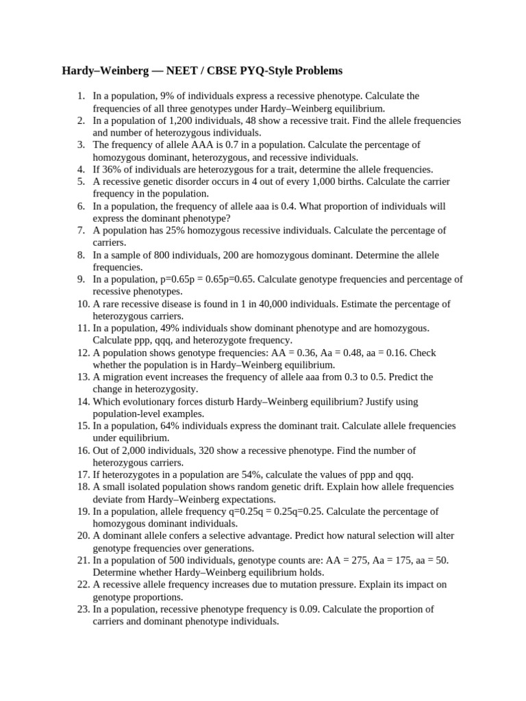 HW Equilibrium Problems | PDF | Dominance (Genetics) | Zygosity