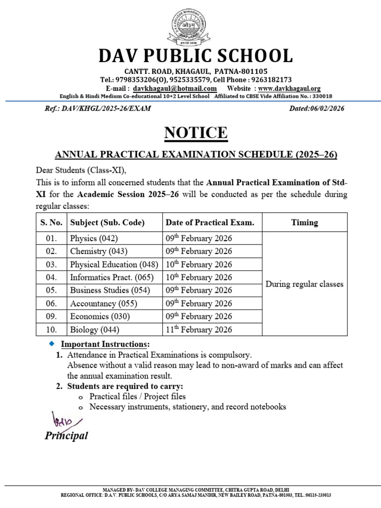 Annual Practical Exam Schedule - 2026 For Class-XI | PDF
