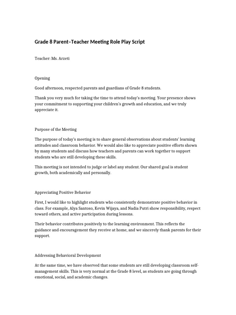 Grade 8 Parent Teacher Meeting Role Play | PDF | Teachers | Learning
