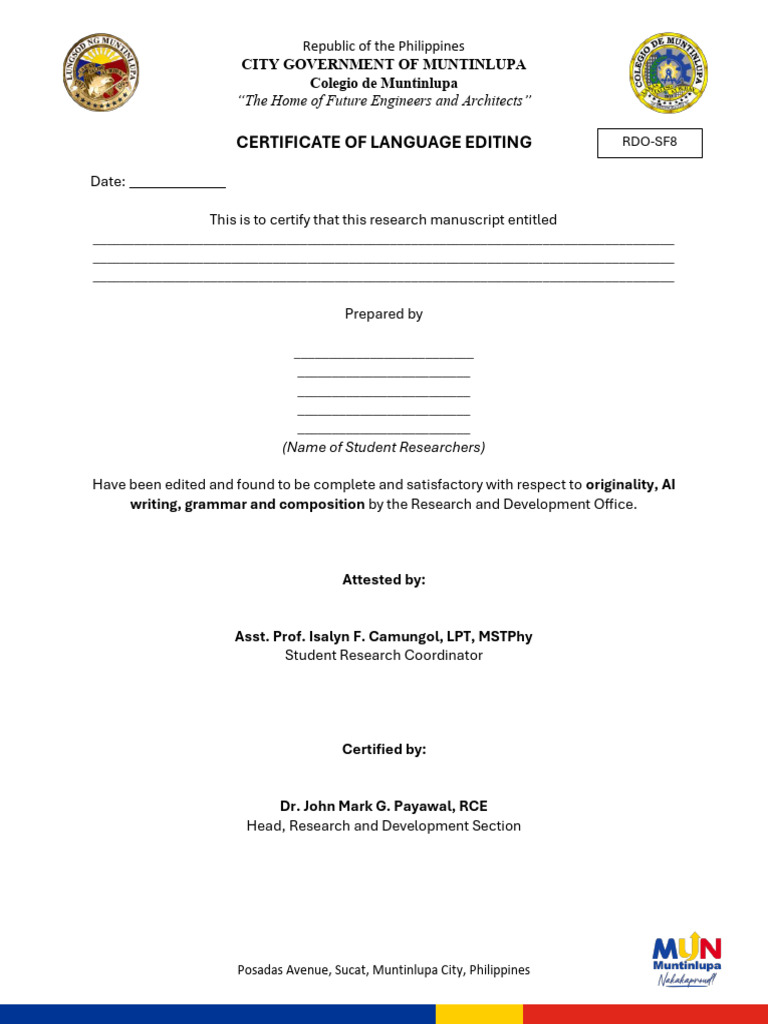 RDO-SF8 Certificate of Language Editing | PDF