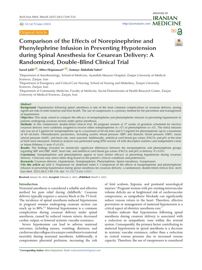 Effects of Norepinephrine and Phenylephrine Infusion in Preventing ...