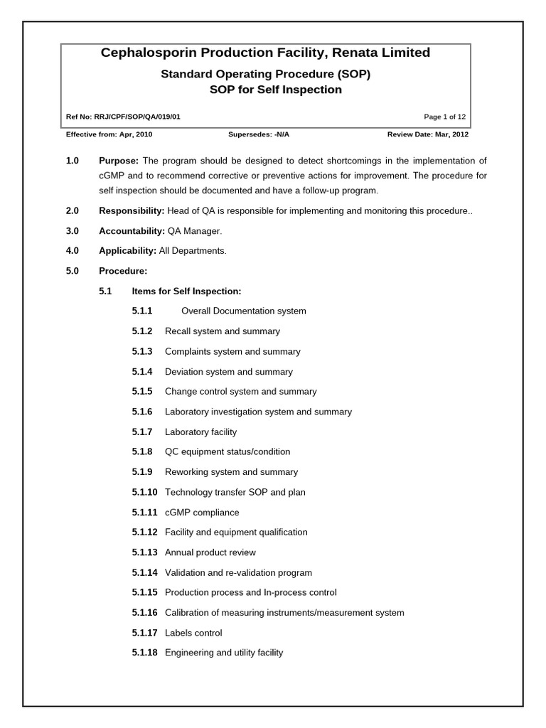 SOP For Self Inspection | PDF | Quality Assurance | Audit