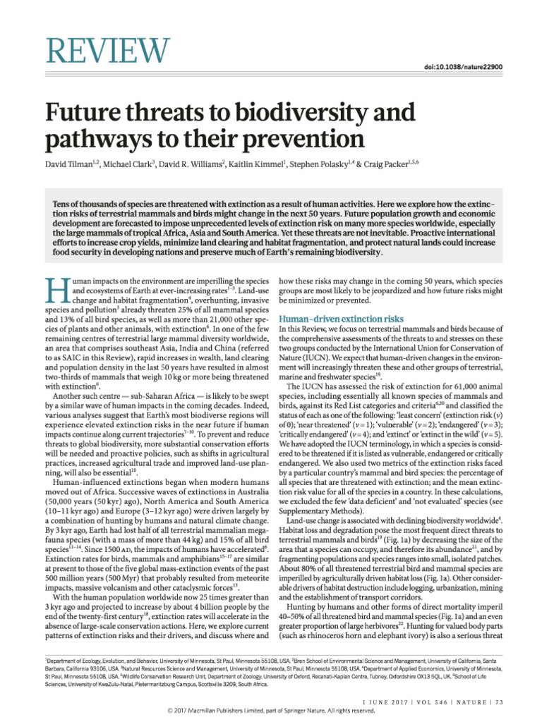 2017 Future Threats To Biodiversity and Pathways To Their Prevention ...
