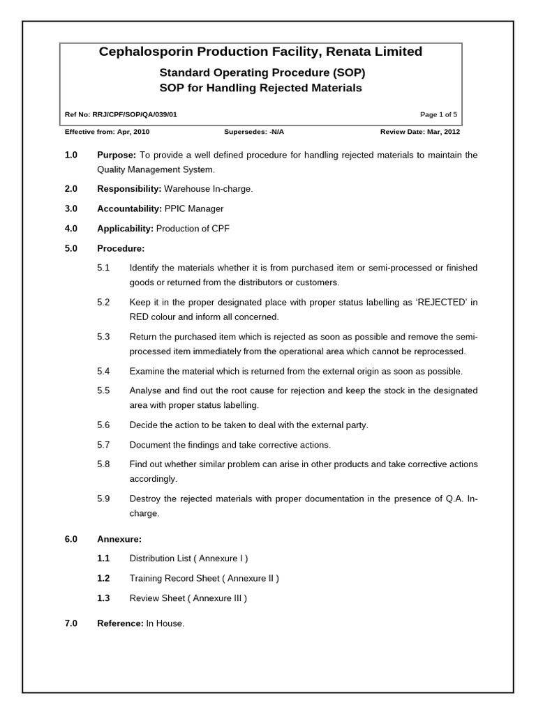 SOP For Handling Rejected Materials | PDF | Business | Quality