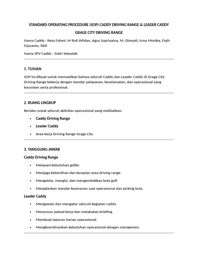 Standard Operating Procedure (Sop) Caddy Driving Range & Leader Caddy | PDF