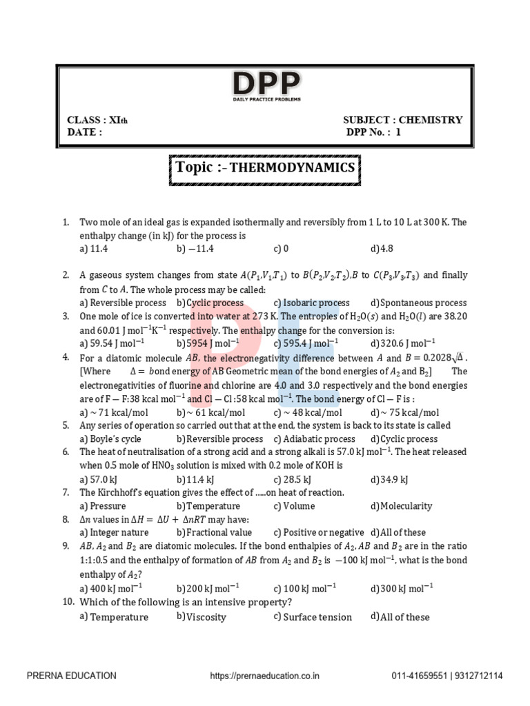 Chemical Thermodynamics DPP 1 | PDF | Enthalpy | Physical Quantities
