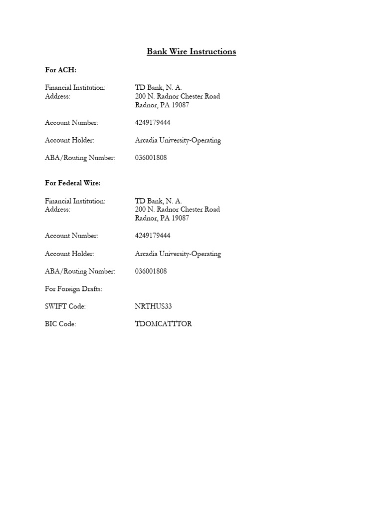 Bank Wire Instructions | PDF