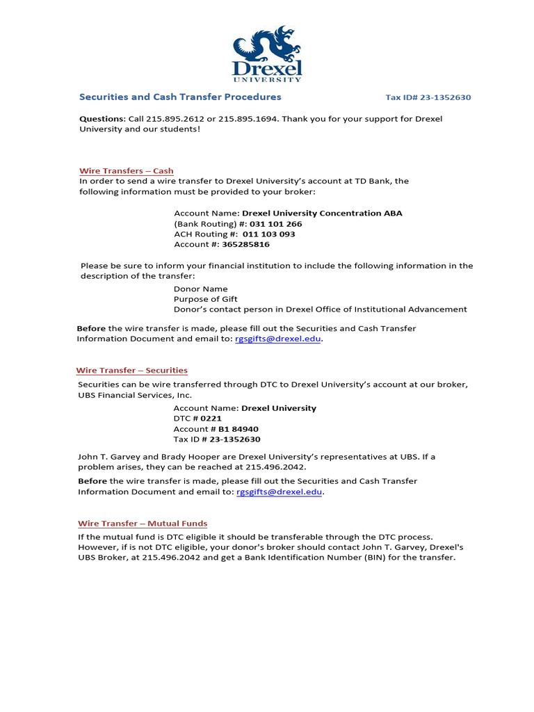 Drexel Securites and Wire Transfer Form 2020 Oct | PDF | Wire Transfer ...