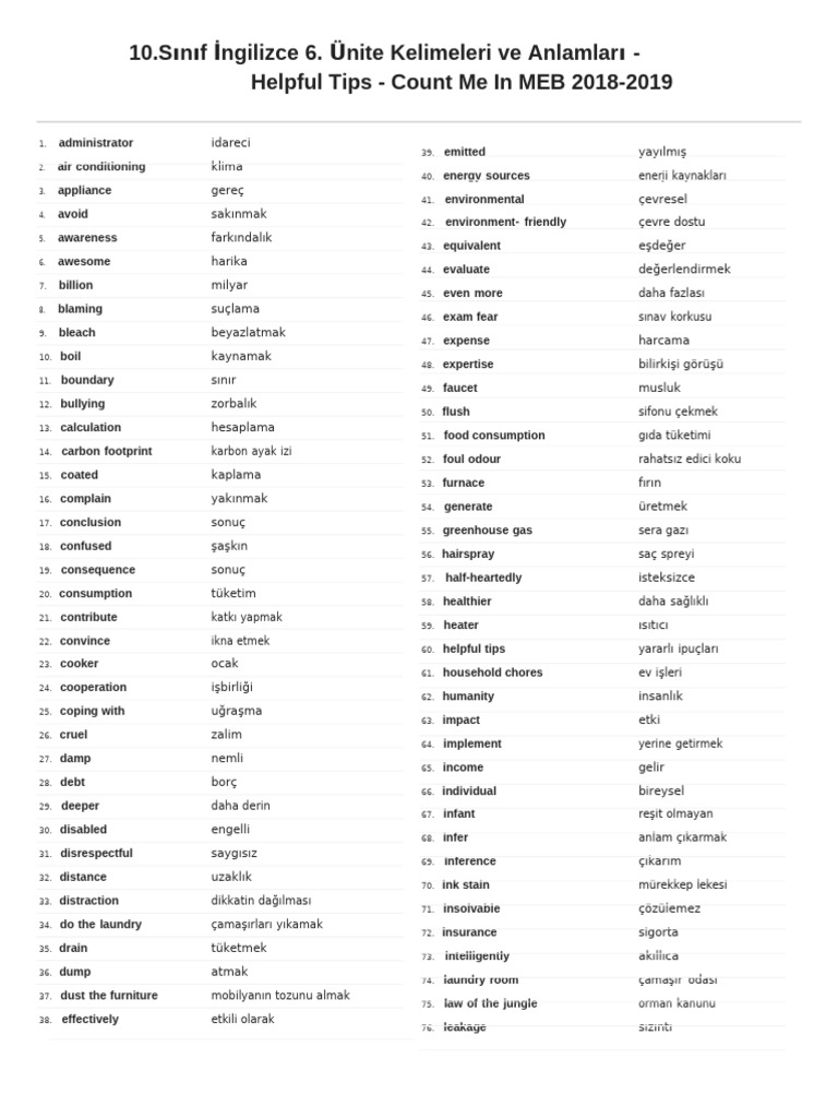 Unit 6 Helpful Tips Word List | PDF