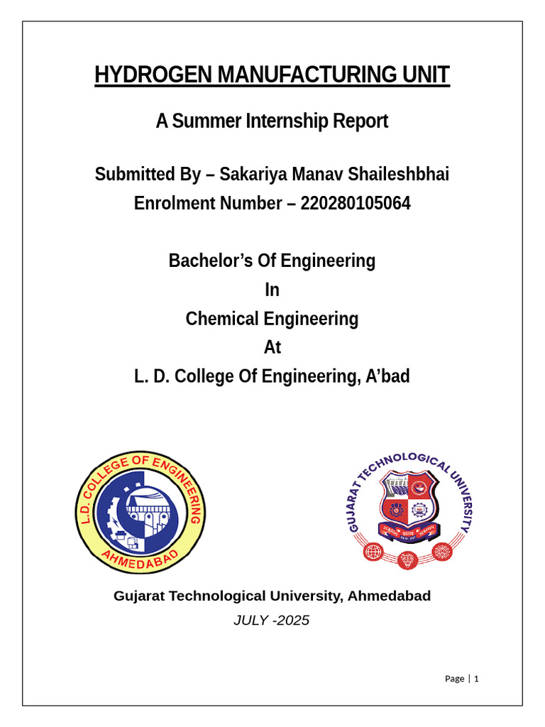 Hydrogen Manufacturing Unit: A Summer Internship Report | PDF ...
