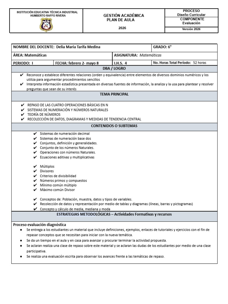 Plan de Aula 6° Periodo I | PDF | Salón de clases | Aprendizaje