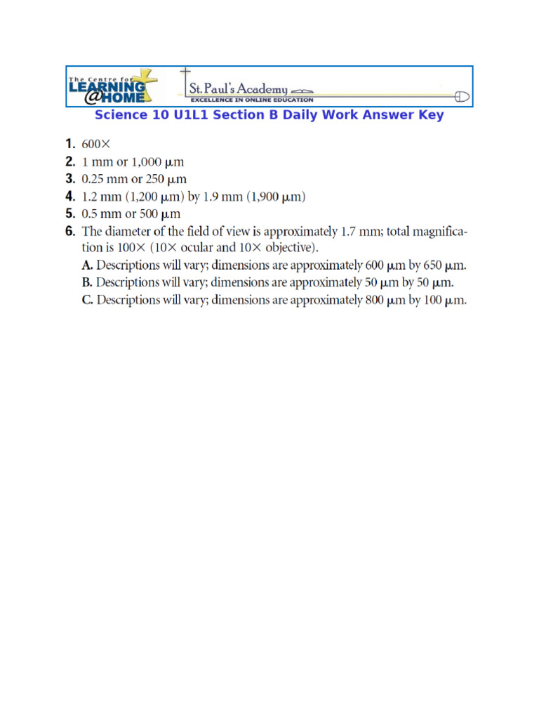 Sc10 U1L1 SectB Daily Work Answer Key | PDF