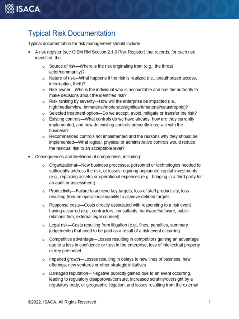 CISM M2 TypicalRiskManagementDocumentation | PDF | Risk | Risk Management