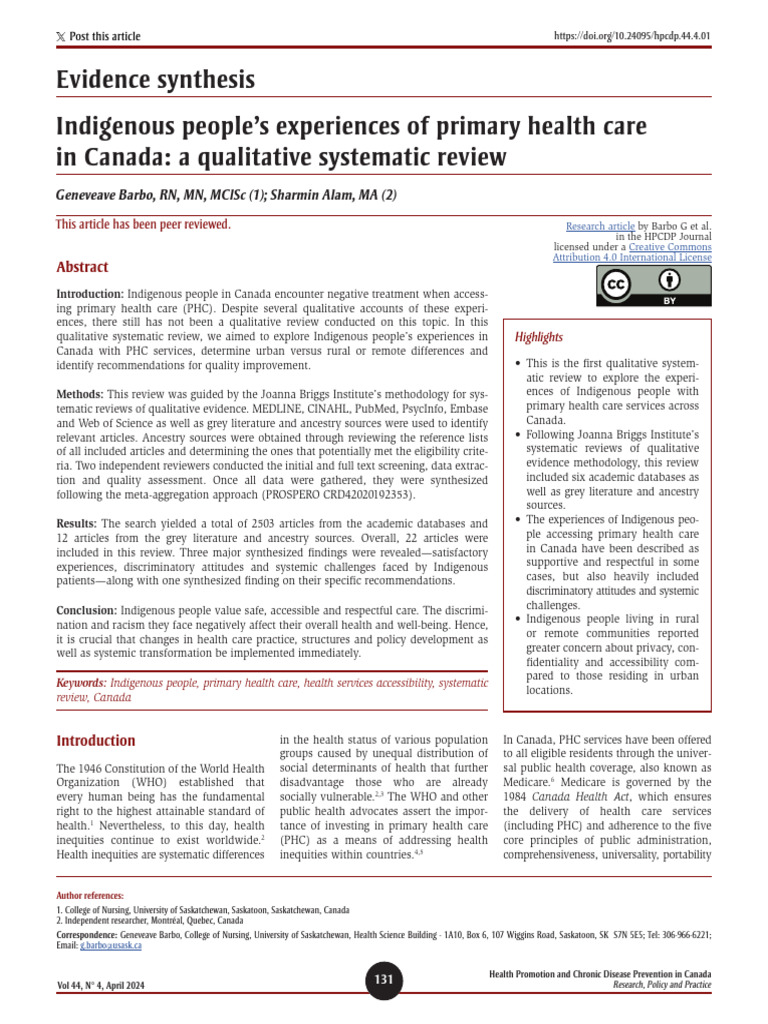 Indigenous People's Experiences of Primary Health Care | PDF ...