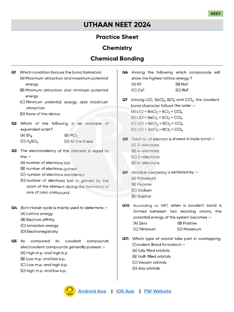 Chemical Bonding - Practice Sheet - Uthaan Neet 2024 | PDF