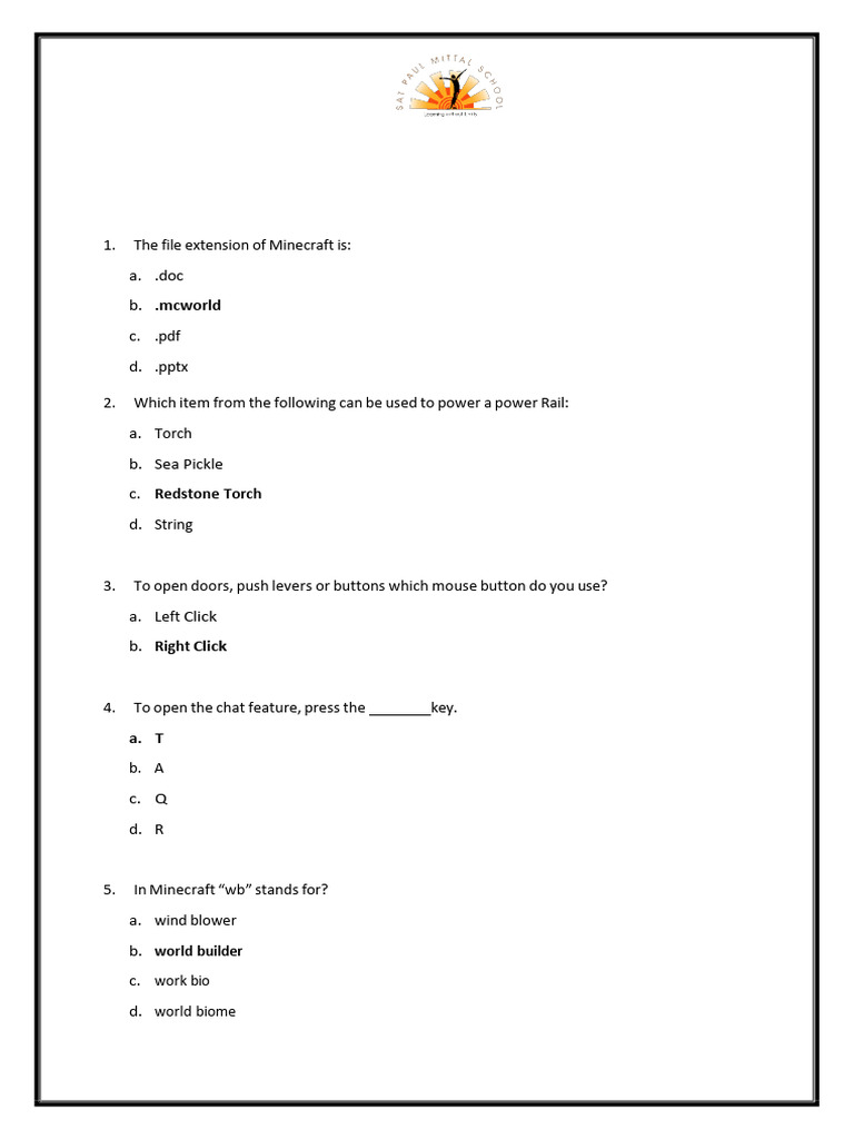 Class IV Minecraft Worksheet 2 Answer Key | PDF