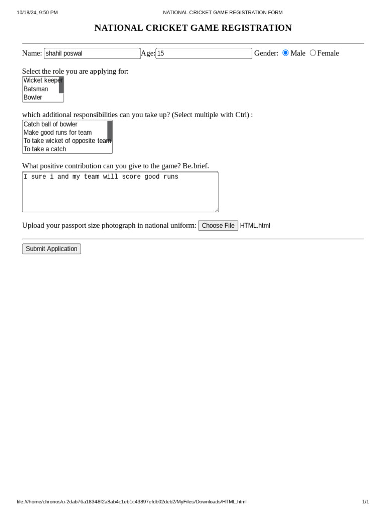 National Cricket Game Registration Form | PDF