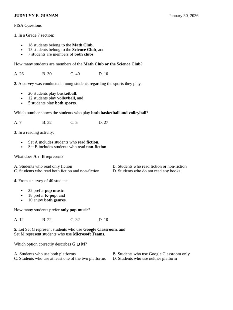 Mathematics Jhs-Pisa Questions | PDF