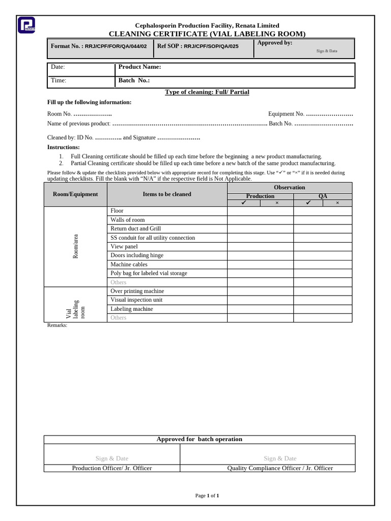 Cleaning Certificate (Vial Labelling) | PDF