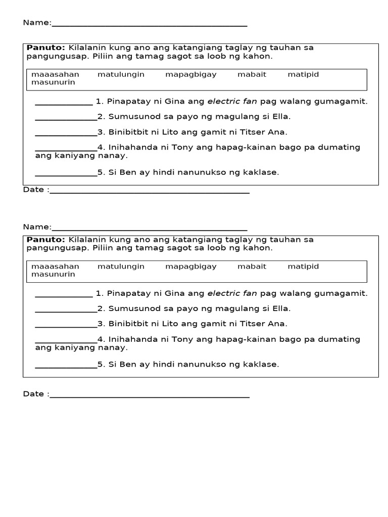 Panuto:: Maaasahan Matulungin Mapagbigay Mabait Matipid Masunurin | PDF
