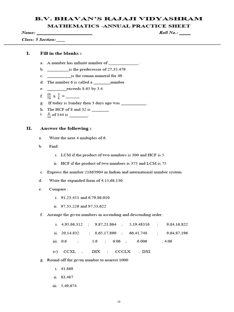 Annual Practice Sheet | PDF | Numbers | Mathematics