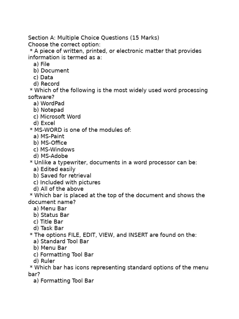 Section A Multiple Choice Que | PDF | Microsoft Word | Control Key