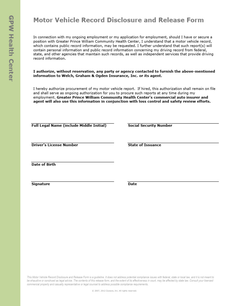 Motor Vehicle Record Disclosure and Release Form | PDF | Transport ...