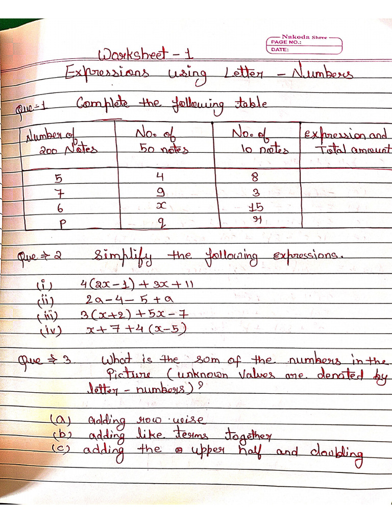 Worksheet of Class 7 Expression Using Letter and Nunbers | PDF