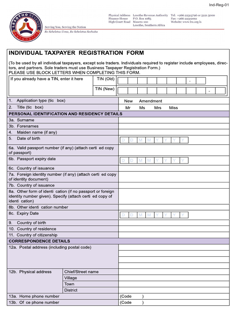 Individual Taxpayer Registration Form | PDF