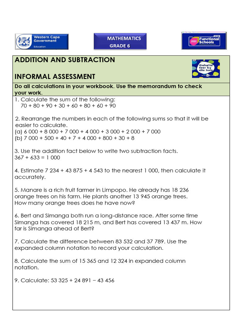 Grade 6 Mathematics Term 2 Week 7 Addition and Subtraction Informal | PDF