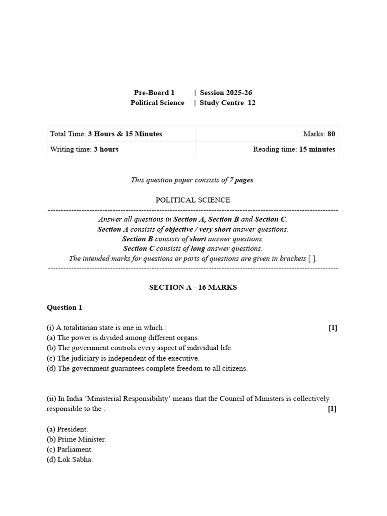 SC 12 PB1 Political Science 2025 26 BB | PDF | Constitution | Justice