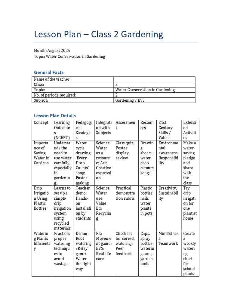 Lesson Plan Class2 Gardening August Water Conservation | PDF | Water ...